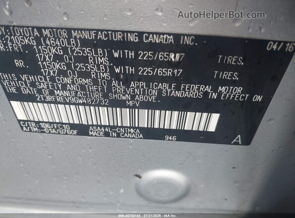 2T3RFREV9GW482732 2016 TOYOTA RAV4 Silver Vista del compartimento del motor