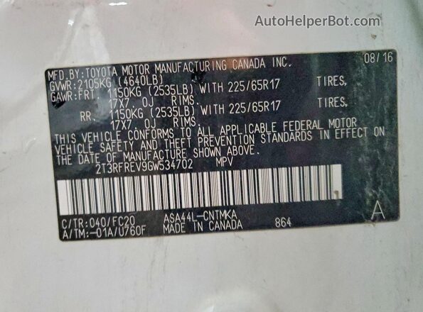 2T3RFREV9GW534702 2016 TOYOTA RAV4 White Вид підкапотного простору