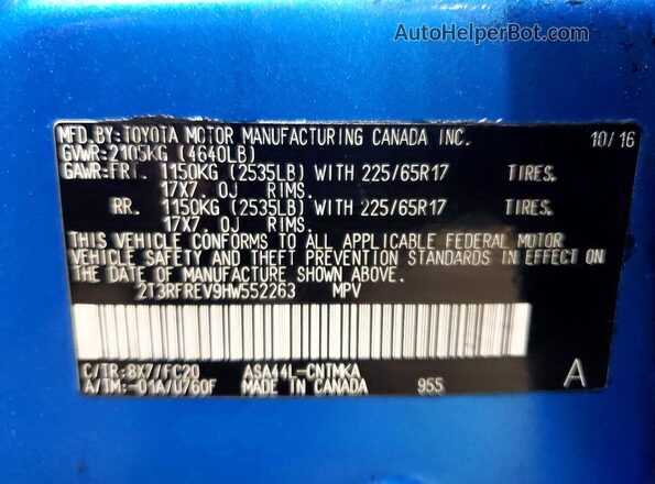 2T3RFREV9HW552263 2017 TOYOTA RAV4 Blue Vista de la etiqueta del VIN