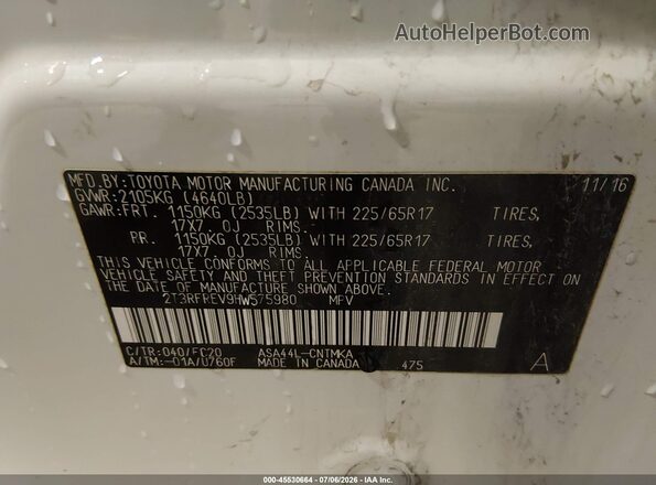 2T3RFREV9HW575980 2017 TOYOTA RAV4 White Շարժիչի բաժամունքի տեսք