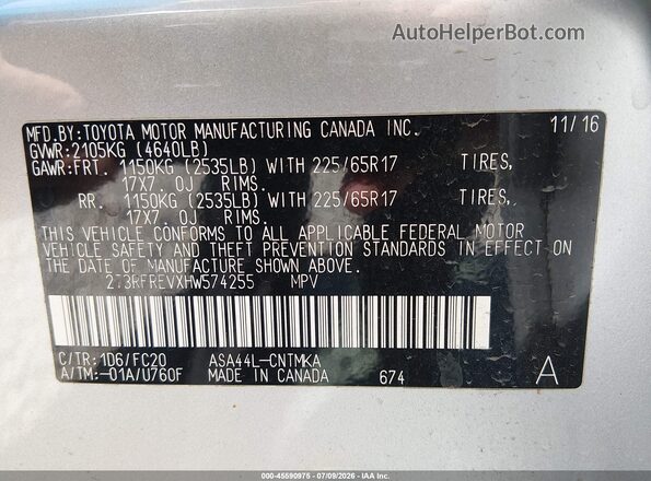 2T3RFREVXHW574255 2017 TOYOTA RAV4 Silver Vista del compartimento del motor