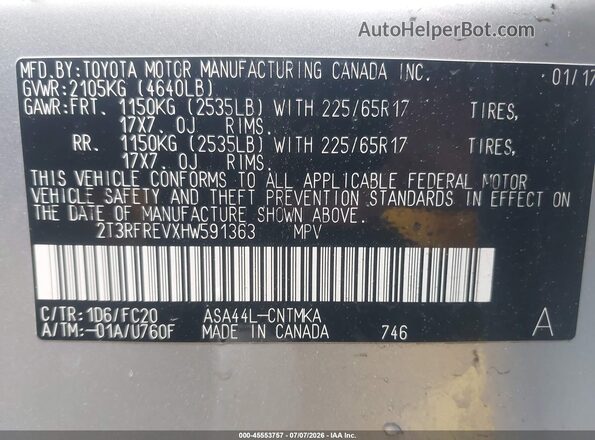 2T3RFREVXHW591363 2017 TOYOTA RAV4 Silver ძრავის განყოფილების ხედი