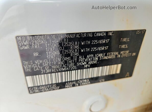 2T3RFREVXHW647205 2017 TOYOTA RAV4 White Widok naklejki z numerem VIN