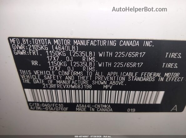 2T3RFREVXHW683198 2017 TOYOTA RAV4 White Вид підкапотного простору