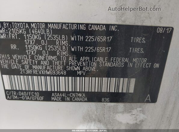 2T3RFREVXHW693648 2017 TOYOTA RAV4 White ძრავის განყოფილების ხედი