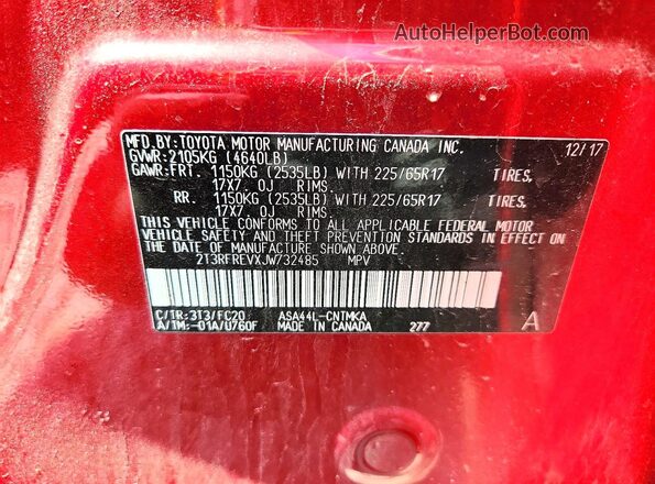 2T3RFREVXJW732485 2018 TOYOTA RAV4 Maroon VIN კოდის სტიკერის ხედი