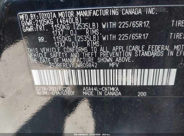 2T3RFREVXJW809842 2018 TOYOTA RAV4 Черный Вид подкапотного пространства
