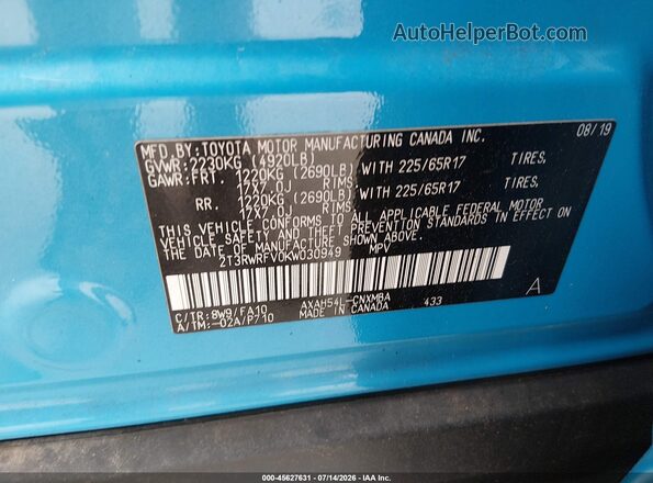 2T3RWRFV0KW030949 2019 TOYOTA RAV4 HYBRID Blue Вид підкапотного простору