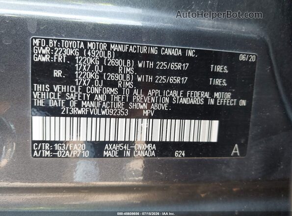 2T3RWRFV0LW092353 2020 TOYOTA RAV4 HYBRID Gray ძრავის განყოფილების ხედი