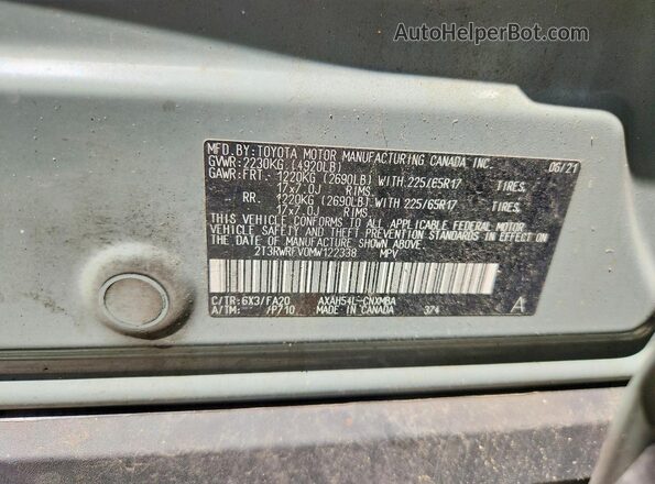 2T3RWRFV0MW122338 2021 TOYOTA RAV4 Серый Панорамный вид салона 360°