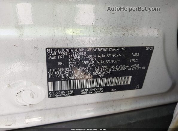 2T3RWRFV1LW093687 2020 TOYOTA RAV4 HYBRID White Widok komory silnika
