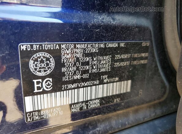 2T3RWRFV2KW002148 2019 TOYOTA RAV4 Blue 360 interior view