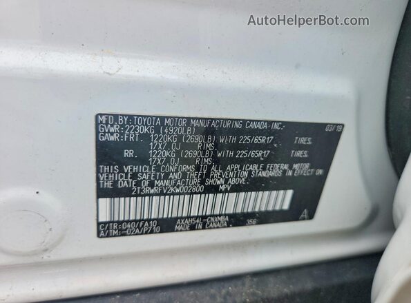 2T3RWRFV2KW002800 2019 TOYOTA RAV4 White Вид наклейки з VIN-кодом