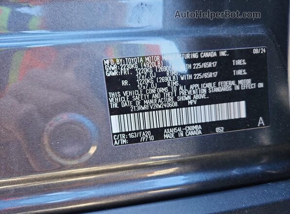 2T3RWRFV2RW240608 2024 TOYOTA RAV4 Charcoal Vista de la etiqueta del VIN