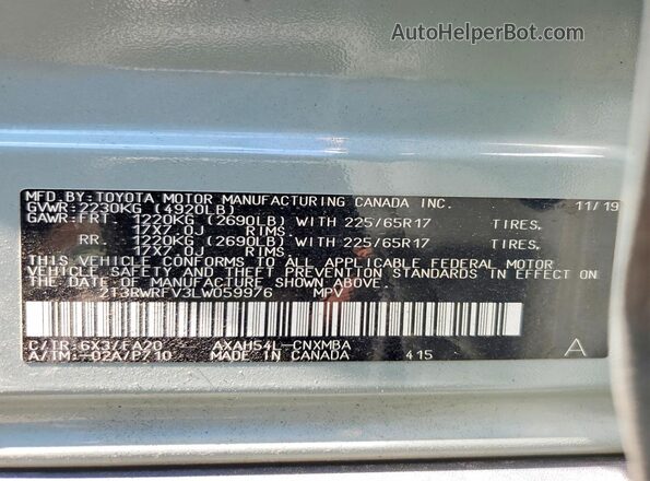 2T3RWRFV3LW059976 2020 TOYOTA RAV4 Gray Панорамний вид салону 360°