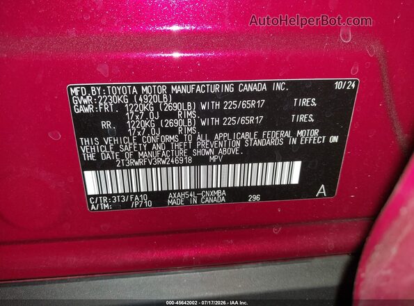 2T3RWRFV3RW246918 2024 TOYOTA RAV4 HYBRID Red Vista del compartimento del motor