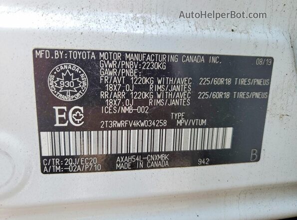 2T3RWRFV4KW034258 2019 TOYOTA RAV4 White Панорамний вид салону 360°