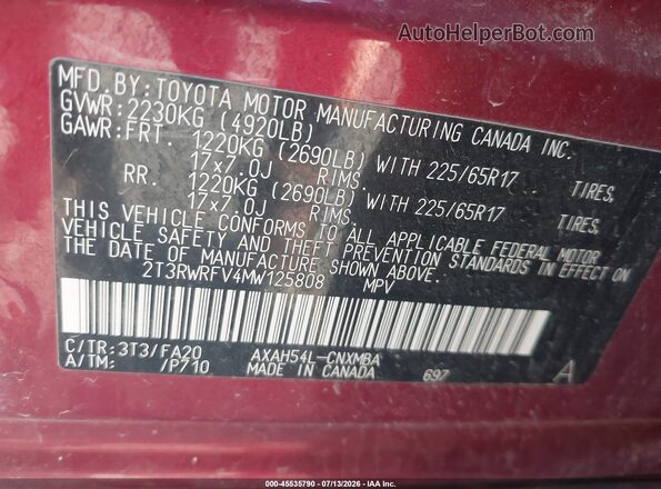 2T3RWRFV4MW125808 2021 TOYOTA RAV4 HYBRID Red Շարժիչի բաժամունքի տեսք