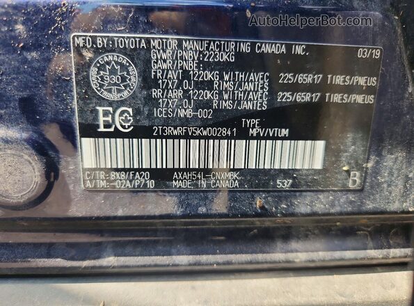 2T3RWRFV5KW002841 2019 TOYOTA RAV4 Blue Vista del compartimento del motor