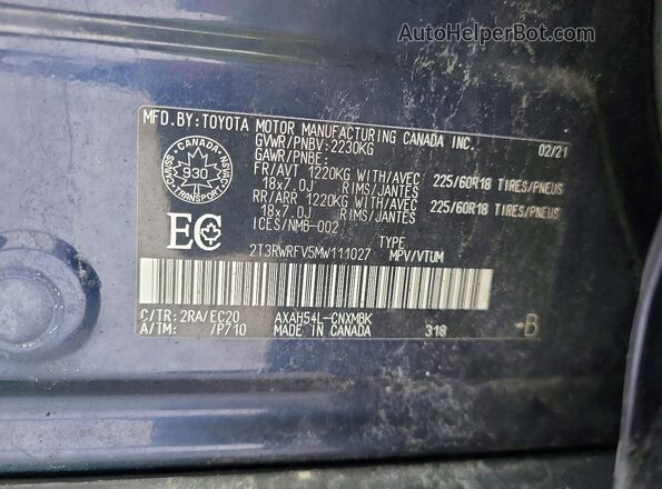 2T3RWRFV5MW111027 2021 TOYOTA RAV4 Синий Вид наклейки с VIN-кодом