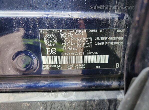 2T3RWRFV5RW222975 2024 TOYOTA RAV4 Blue Панорамний вид салону 360°