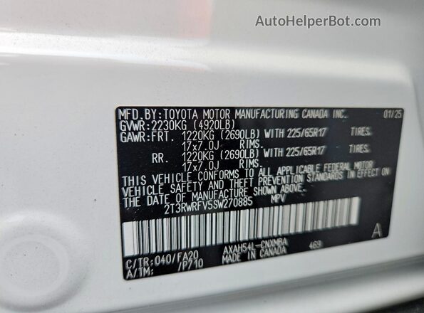 2T3RWRFV5SW270885 2025 TOYOTA RAV4 Белый Вид наклейки с VIN-кодом