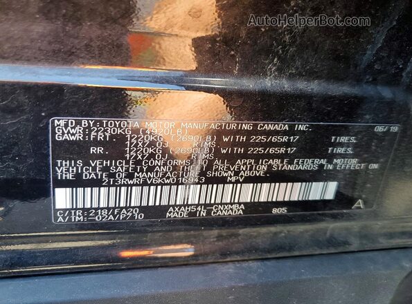 2T3RWRFV6KW016943 2019 TOYOTA RAV4 Black Vista de la etiqueta del VIN
