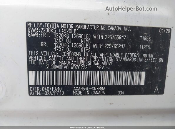 2T3RWRFV6LW076223 2020 TOYOTA RAV4 HYBRID White Widok komory silnika