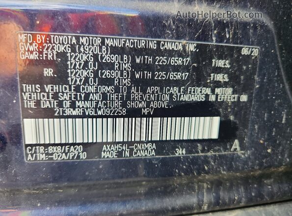 2T3RWRFV6LW092258 2020 TOYOTA RAV4 Blue VIN sticker view