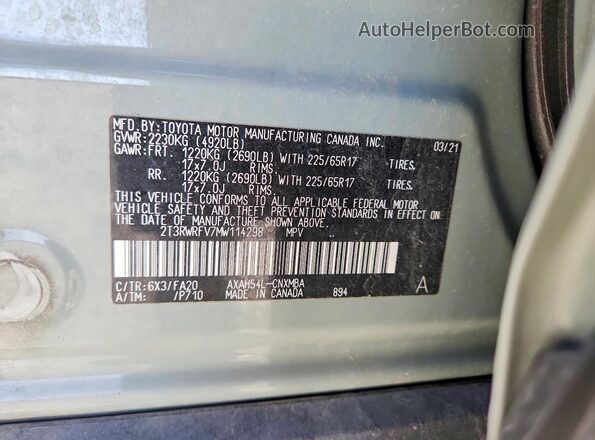 2T3RWRFV7MW114298 2021 TOYOTA RAV4 Gray სალონის 360-გრადუსიანი ხედი