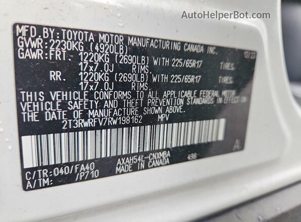 2T3RWRFV7RW198162 2024 TOYOTA RAV4 White VIN կոդի պիտակի տեսք