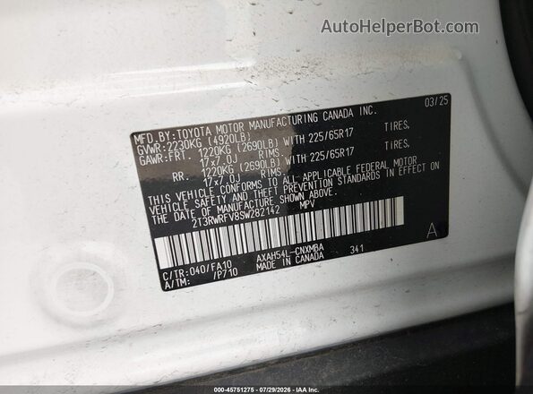 2T3RWRFV8SW282142 2025 TOYOTA RAV4 HYBRID White Widok komory silnika