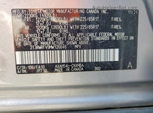 2T3RWRFV9MW126646 2021 TOYOTA RAV4 Silver Vista de la etiqueta del VIN