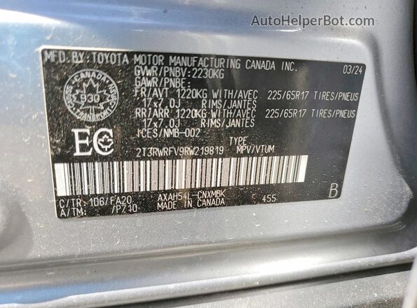 2T3RWRFV9RW219819 2024 TOYOTA RAV4 Silver VIN sticker view