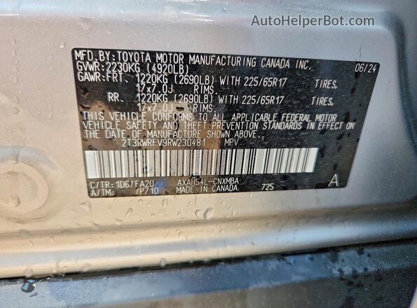 2T3RWRFV9RW230481 2024 TOYOTA RAV4 Silver Панорамний вид салону 360°