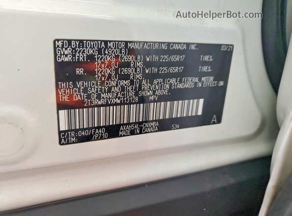 2T3RWRFVXMW113128 2021 TOYOTA RAV4 White Widok naklejki z numerem VIN