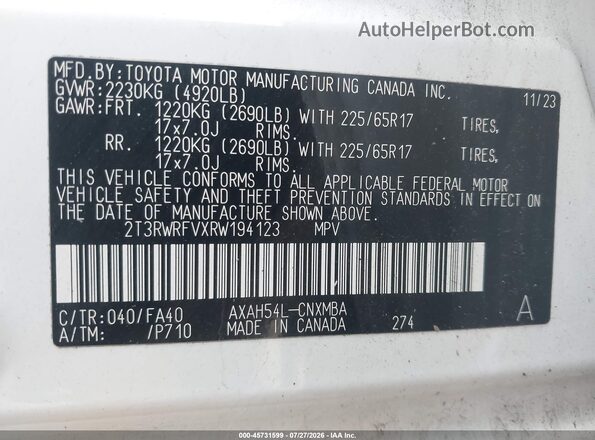 2T3RWRFVXRW194123 2024 TOYOTA RAV4 HYBRID White Вид підкапотного простору