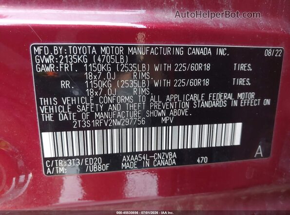 2T3S1RFV2NW297756 2022 TOYOTA RAV4 Red Engine compartment view