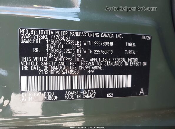 2T3S1RFV9RW448968 2024 TOYOTA RAV4 Green Vista del compartimento del motor