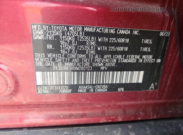 2T3S1RFVXNW280123 2022 TOYOTA RAV4 Красный Панорамный вид салона 360°
