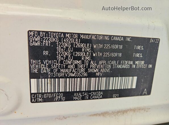 2T3T6RFV3NW035296 2022 TOYOTA RAV4 White Widok naklejki z numerem VIN
