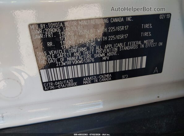 2T3W1RFV0KW013876 2019 TOYOTA RAV4 White Widok komory silnika