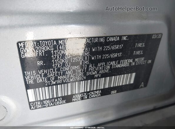 2T3W1RFV0LW078924 2020 TOYOTA RAV4 Серый Вид подкапотного пространства