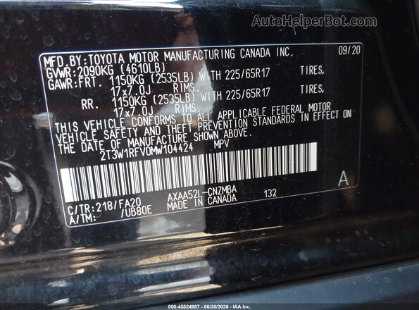 2T3W1RFV0MW104424 2021 TOYOTA RAV4 Black Vista del compartimento del motor