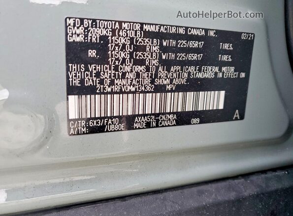 2T3W1RFV0MW134362 2021 TOYOTA RAV4 Gray Вид наклейки з VIN-кодом