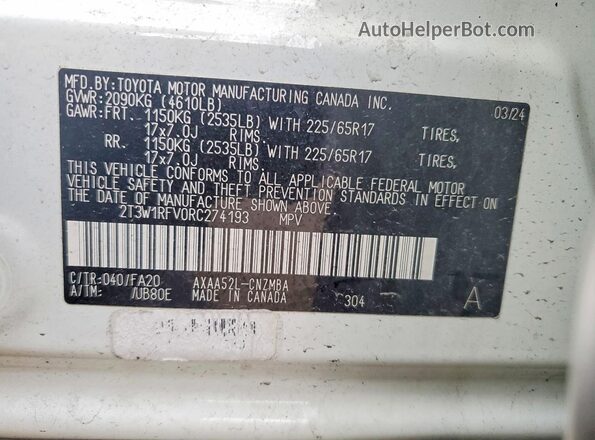 2T3W1RFV0RC274193 2024 TOYOTA RAV4 White VIN კოდის სტიკერის ხედი