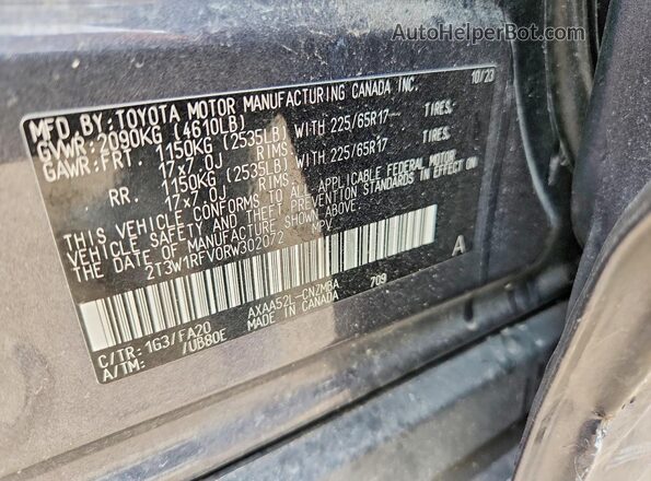 2T3W1RFV0RW302072 2024 TOYOTA RAV4 Gray VIN კოდის სტიკერის ხედი
