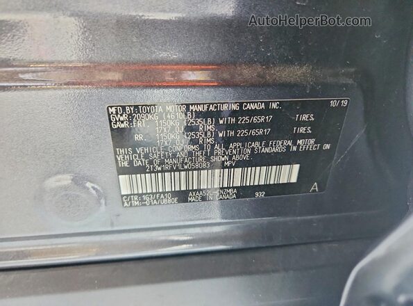 2T3W1RFV1LW058083 2020 TOYOTA RAV4 Угольный Вид наклейки с VIN-кодом