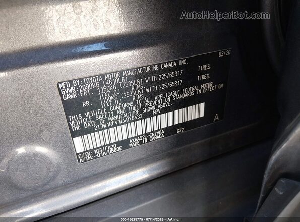 2T3W1RFV1LW078432 2020 TOYOTA RAV4 Серый Вид подкапотного пространства