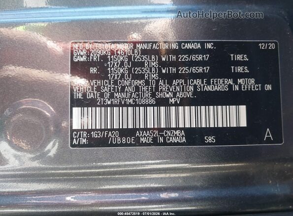 2T3W1RFV1MC108886 2021 TOYOTA RAV4 Серый Вид подкапотного пространства